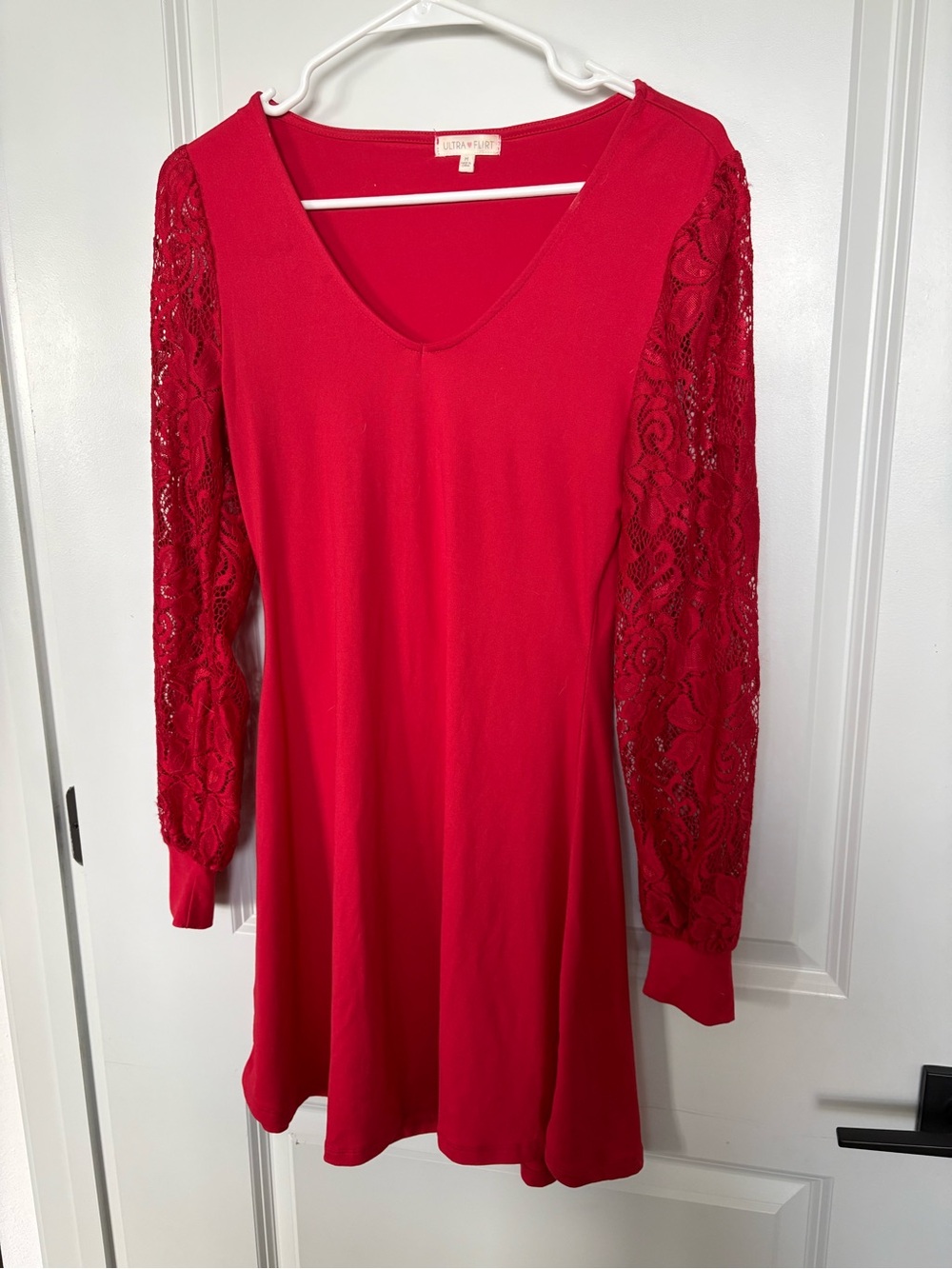 Red Lace-Sleeve V-Neck Dress